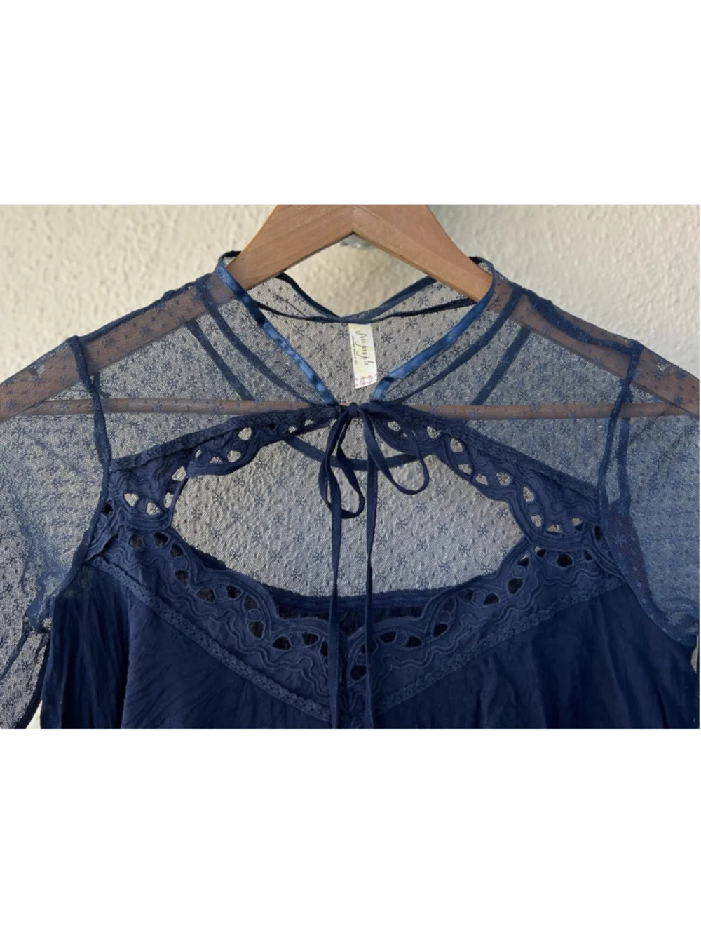 VTG Free People The Originals Cropped Mixed Lace Keyhole Top XS Sheer Dot Whimsy